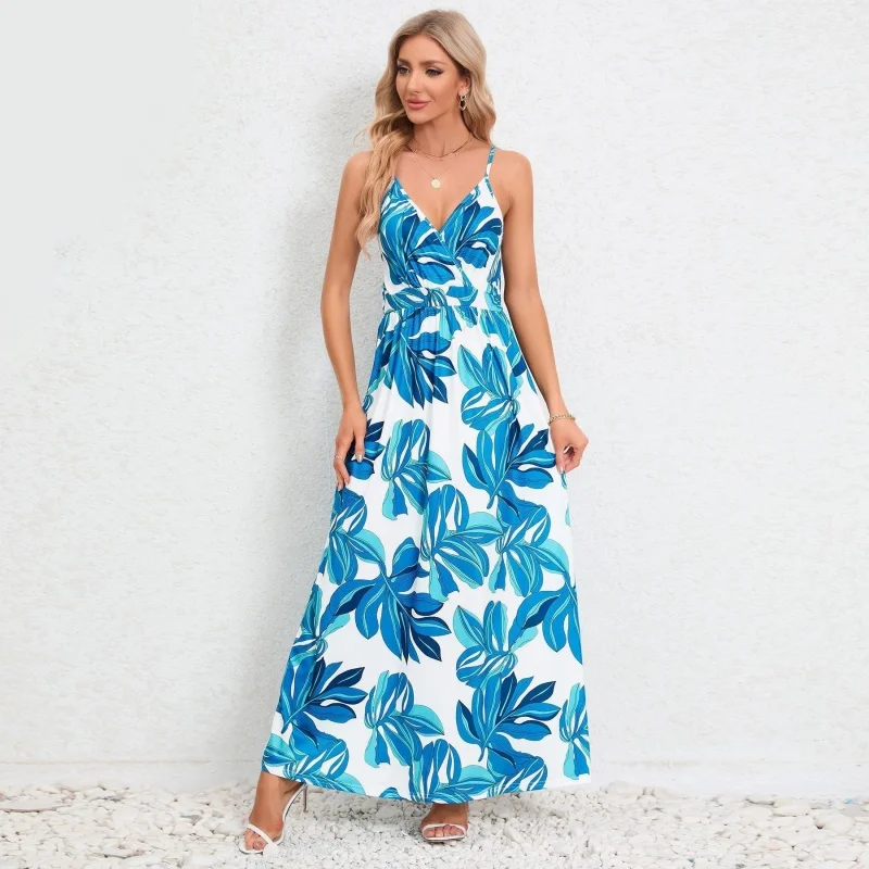 

Women's Sexy V-neck Sleeveless Halter Dress Bohemian Printed Long Skirt Fashion Mid Waist Suspender Backless Slim Fit Dress