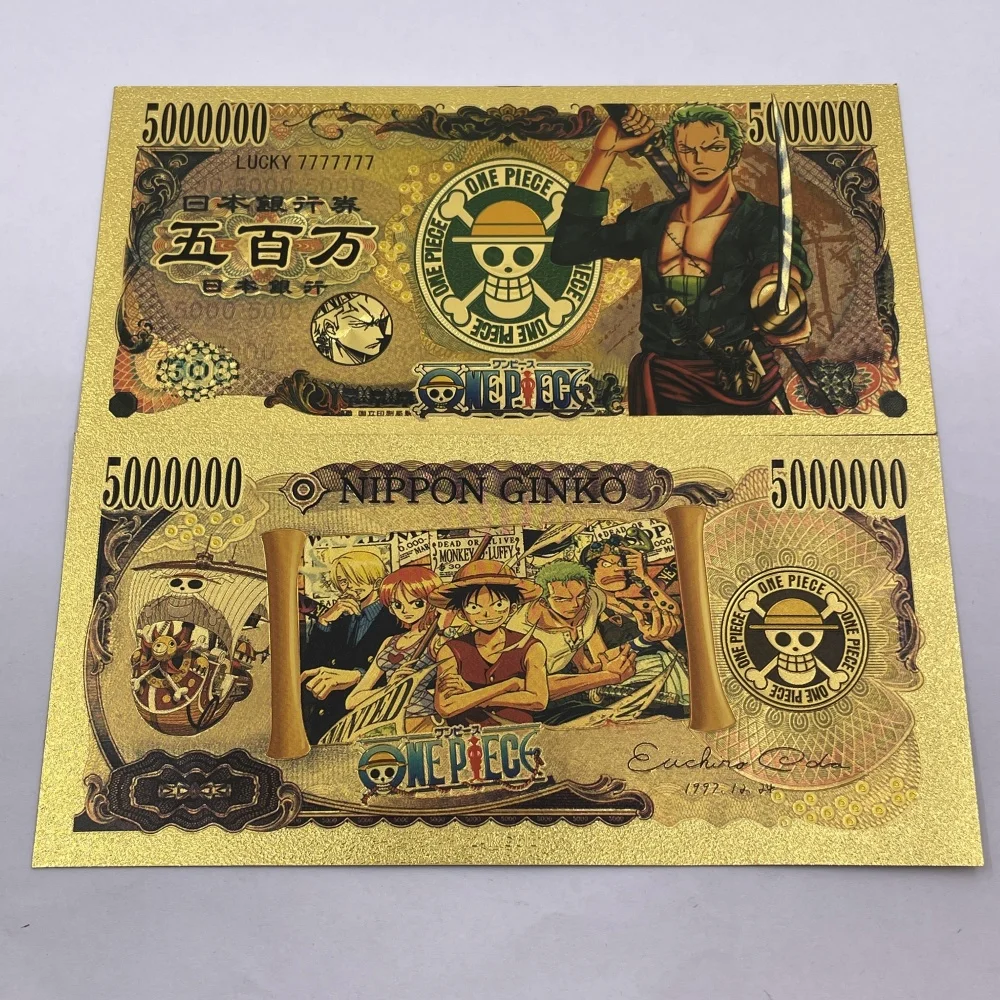 Todos los estilos Bonitos dibujos animados japoneses Anime de colores Billete de una pieza Tarjeta de oro de anime en chapado en oro de 24 k para colección conmemorativa