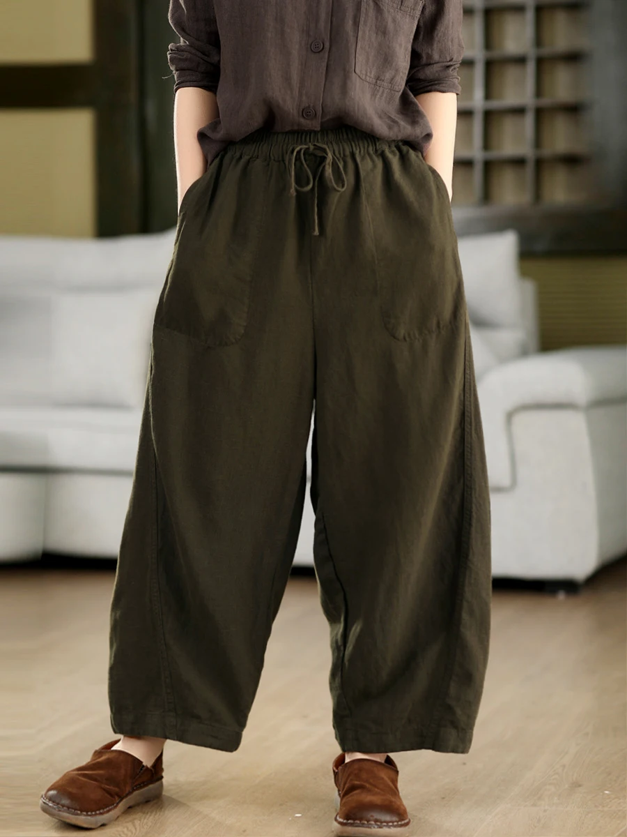 

Ретро-брюки из льна для женщин с поясом, эластичной талией, утягивающие, в стиле гарем, повседневные, длинные, удобные, свободного кроя, женские джинсы