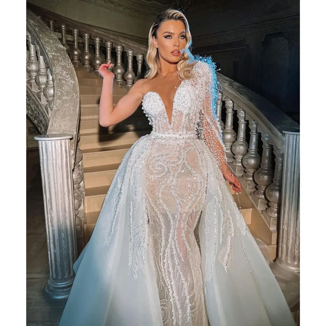 

Wedding Dresses V Neck Sleeveless One Long Sleeve Sequins Appliques Detachable Train Pearls Beaded Bridal Gowns Vestina De Novia