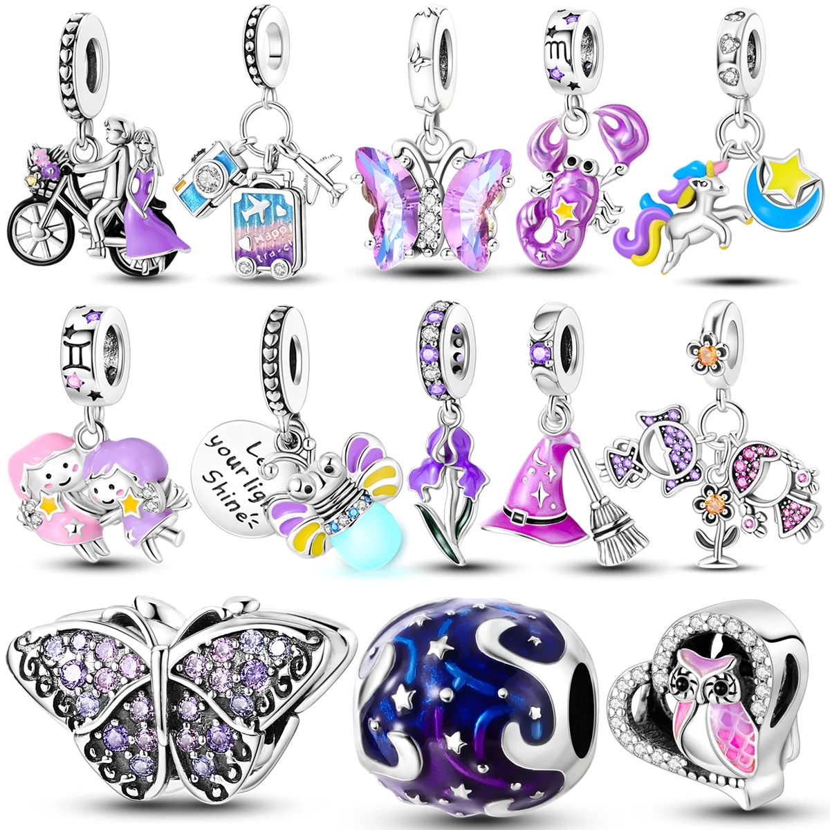 Silver Plated Purple Beads Clip Flower Heart Star Charms Butterfly Grapes Dangle Fit Original Pandora Bracelet Jewelry Gift