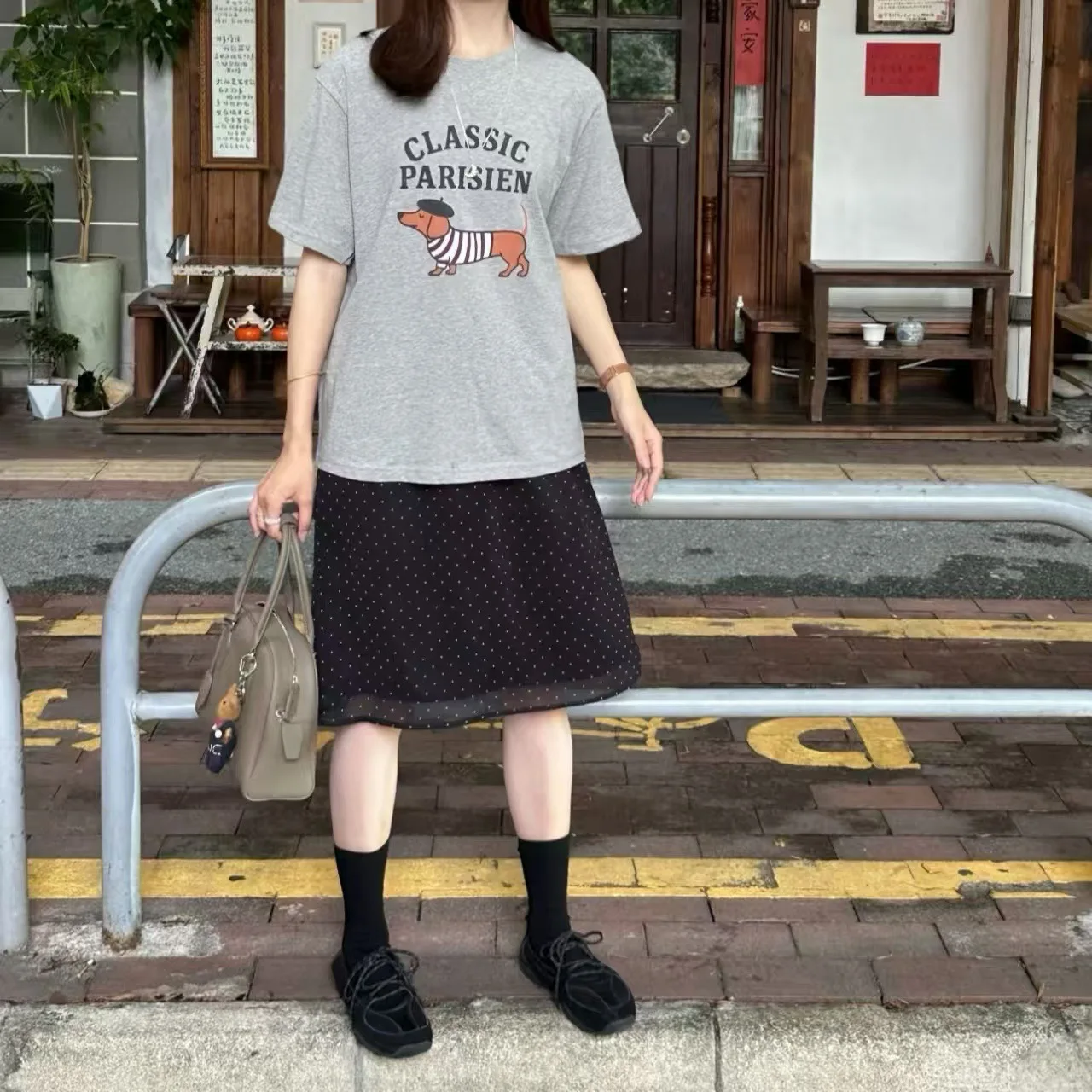 Polka Dot Mesh Skirt Elastic Waist Drawstring Half-length Short Skirt Double Layered Straight Cut Loose Fit Spring Season