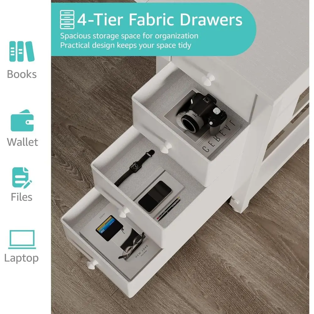 55 Modern White Desk with Fabric Drawers & Shelves, Home Office Study Writing Desk, Cute PC Desk Table