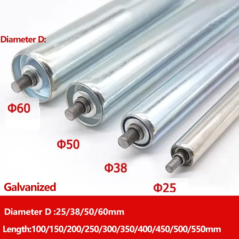 Galvanized Steel Roller Conveyor Idler Parts 25 38 50 60mm Diameter 100-550mm Axle Length Industrial Transmission Components