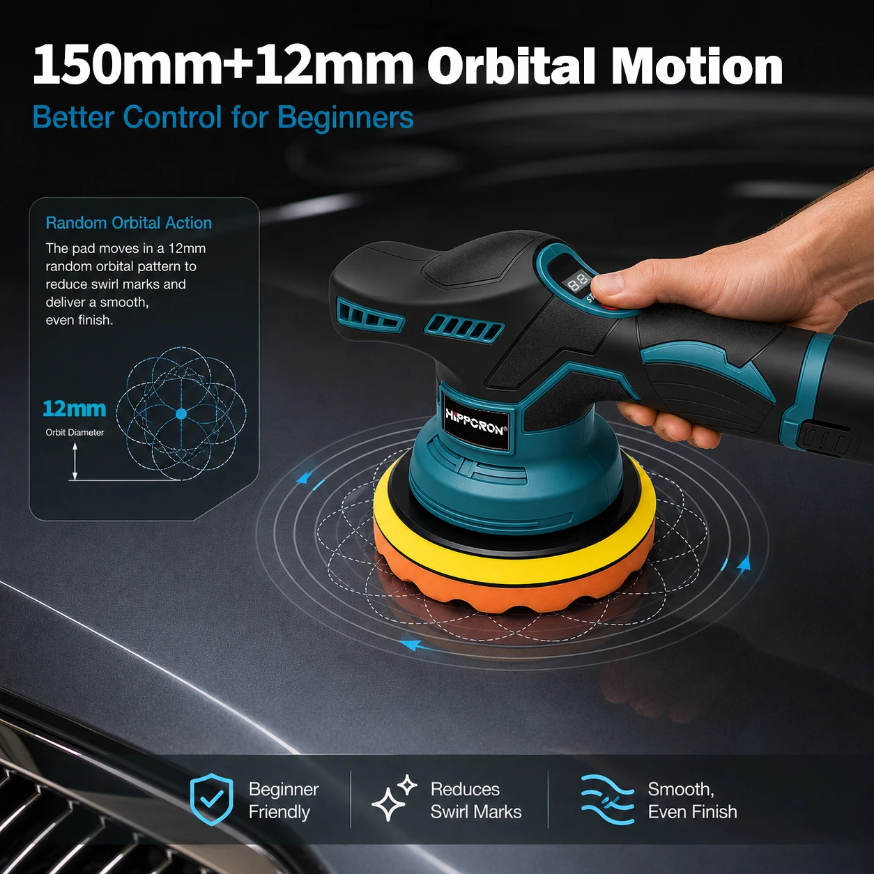 HIPPCRON 150MM 8 Speed 240W 4500RPM Cordless Multi-functional Car Polishing Machine Lightweight Sanding Tool 1300mAh DIY 12V view 6