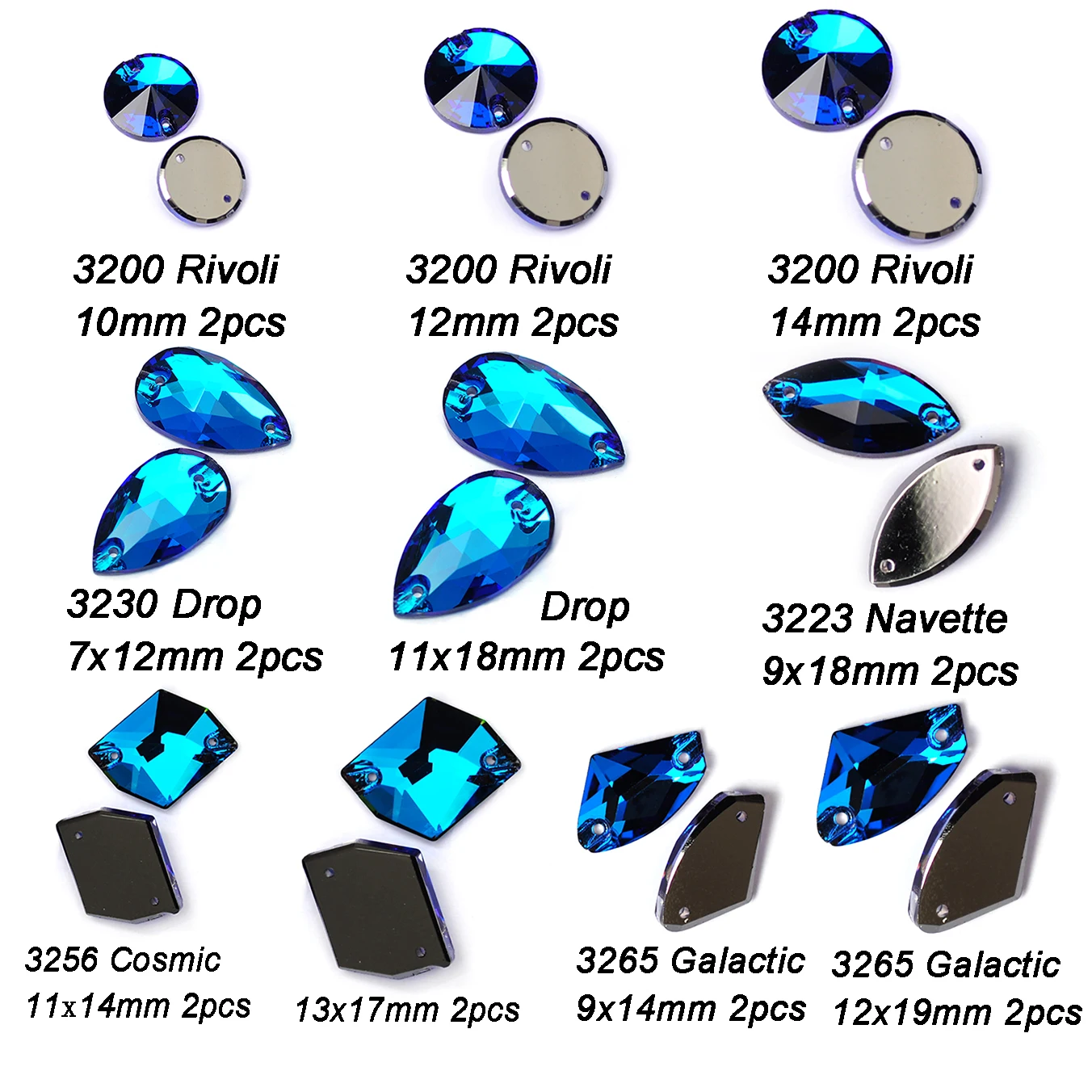 20 Stück gemischte Formen und Farben, aufnähbare Strasssteine, Rivoli Drop Navette Galactic Cosmic Strass, flache Rückseite, Kristall für Kleidung und Kleider – Detail 8