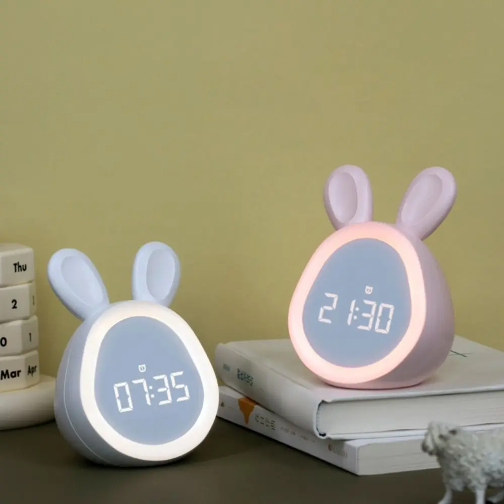 Cute Rabbit Alarm Clock Bedside LED Clock with Rechargeable Creative Stepless Dimming Nightlight Table Lamp for Kids Gift