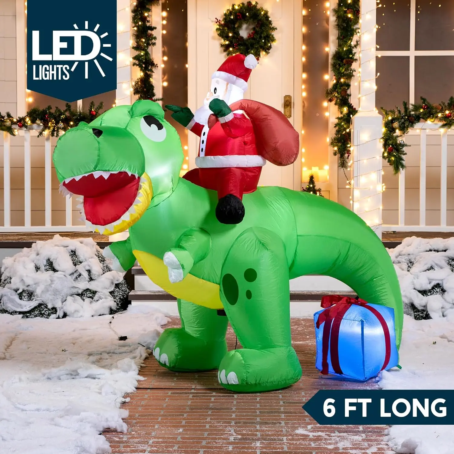 6 FT Christmas Inflatable Dinosaur with Build-in LEDs Dinosaur with Santa for Christmas Inflatable Outdoor Decoration