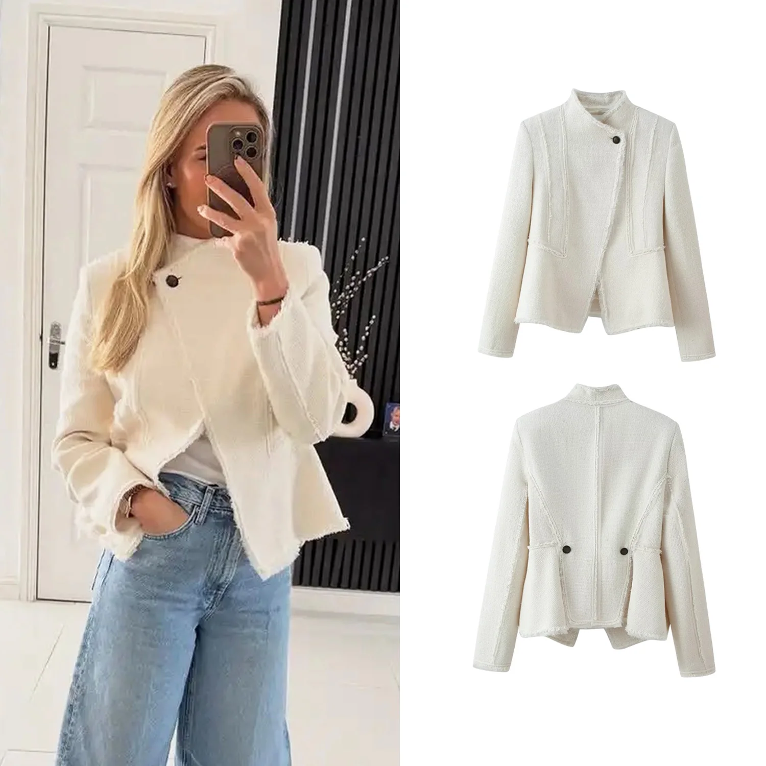 Blazer beige de moda para mujer con borlas y un botón, chaqueta de primavera 2026 para mujer, cuello alto, manga larga, abrigos de oficina para dama