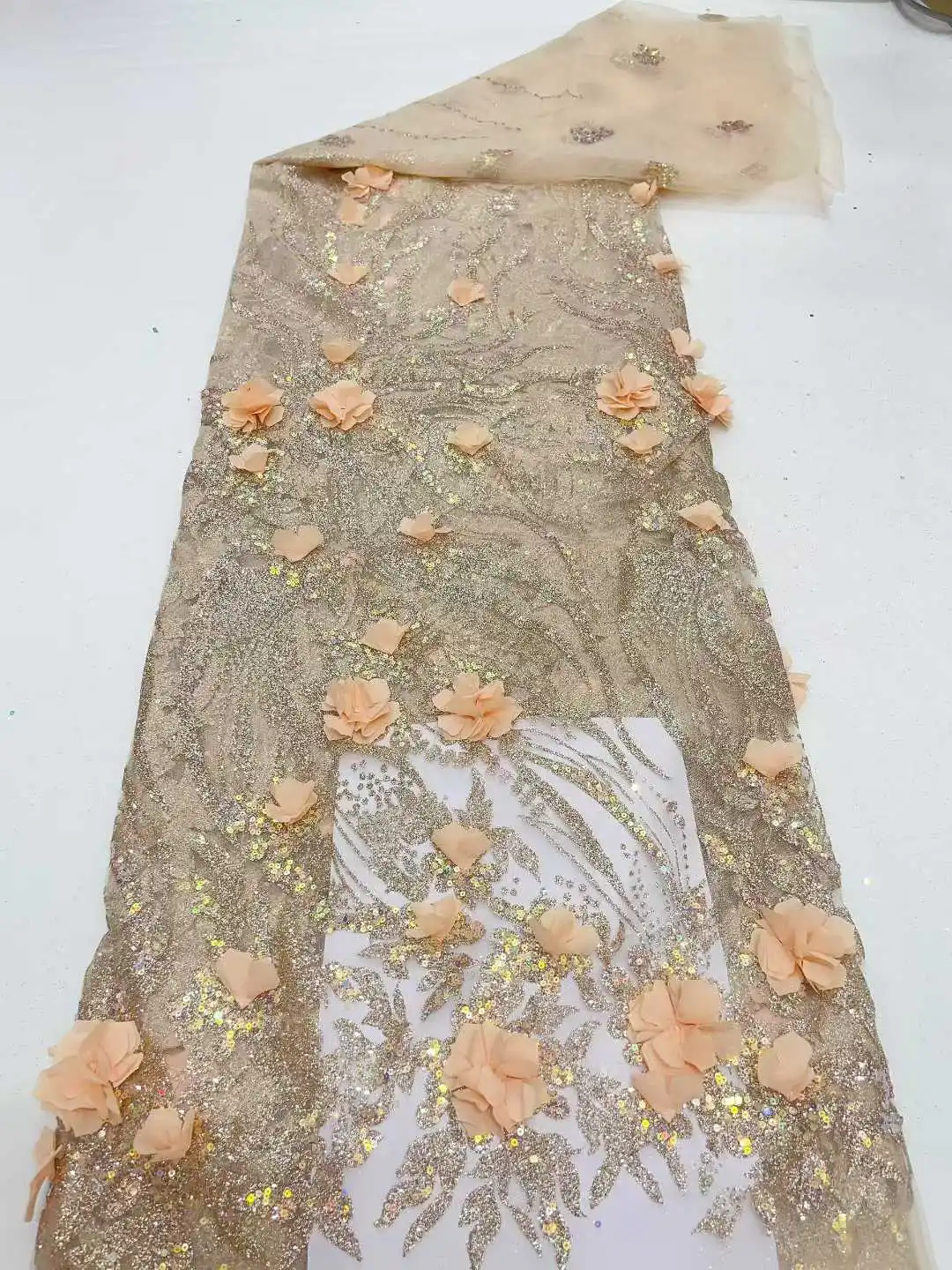 

African 3D Lace Sequins 2025 Latest Hot On Sale African French Party Bead Fabric Net Fabric Nigerian Lace Fabric For Wedding