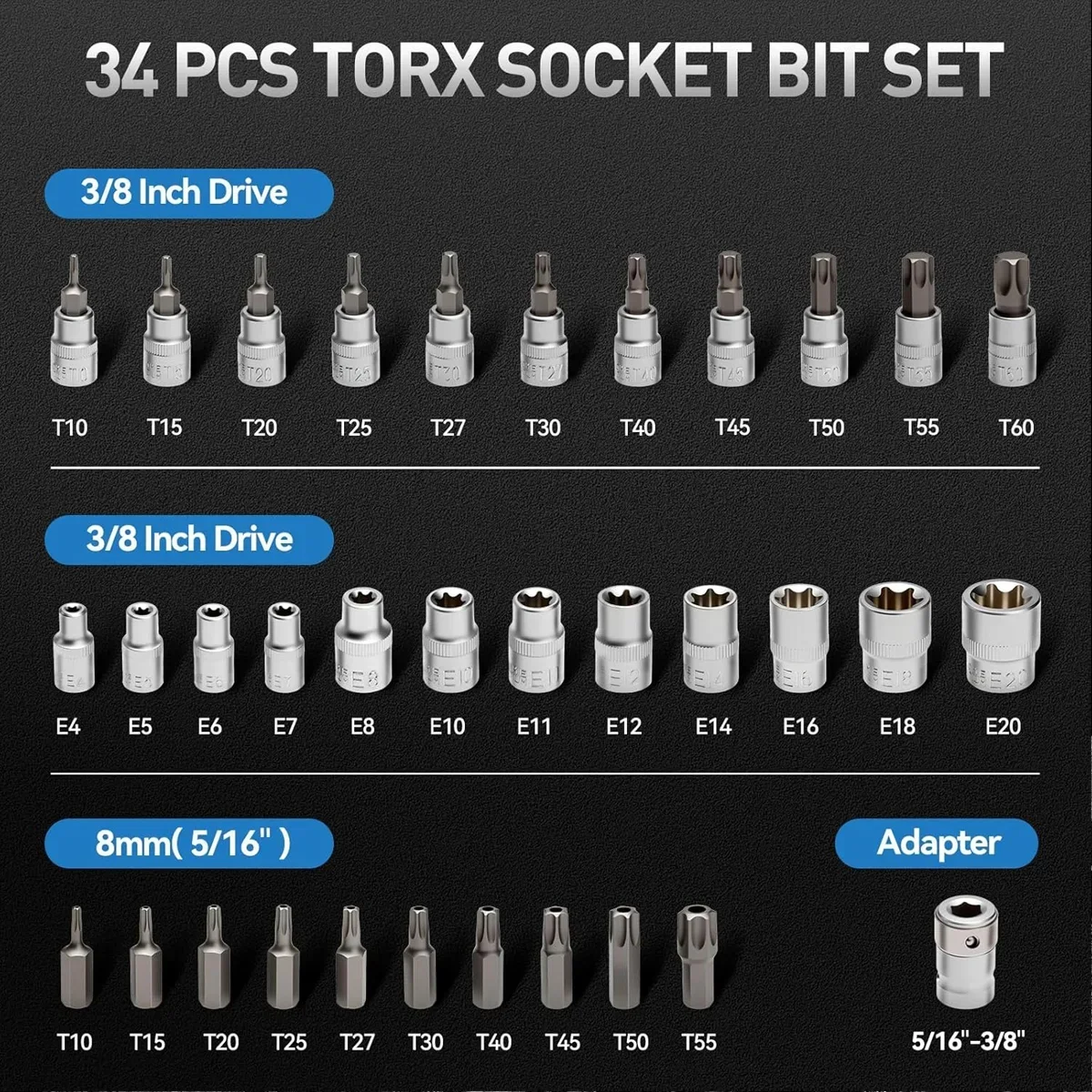 Professional 34pcs Torx Bit Socket & E-Torx Star Socket Set 1/4