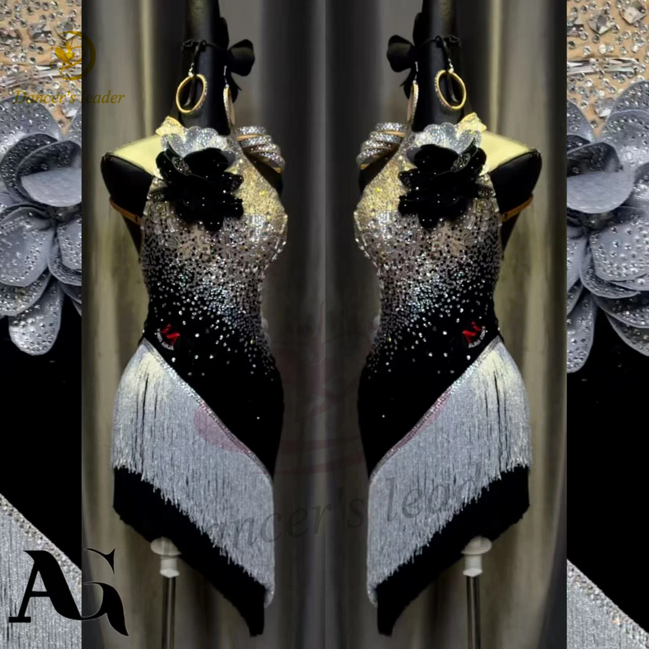 الرقص اللاتيني AB Stone أنثى الكبار الأطفال الراقية مخصصة غالاكسي التدرج فستان أسود بركة السامبا أداء اللباس #2