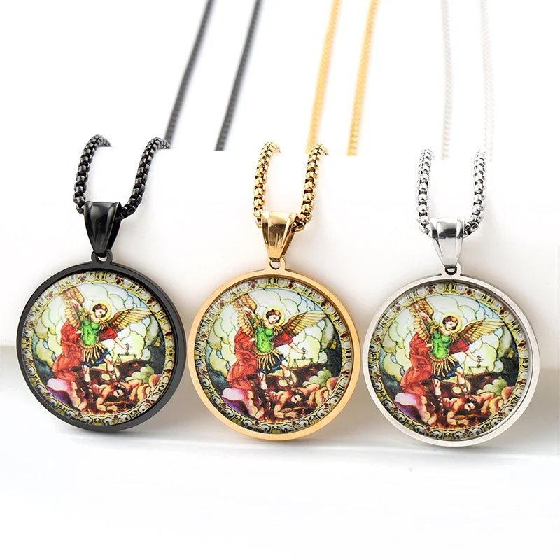 SAINT MICHAEL PROTECT US Erzengel Edelstahl Glas Anhänger Halskette für Frauen Männer Gold Farbe Christian Amulett Schmuck