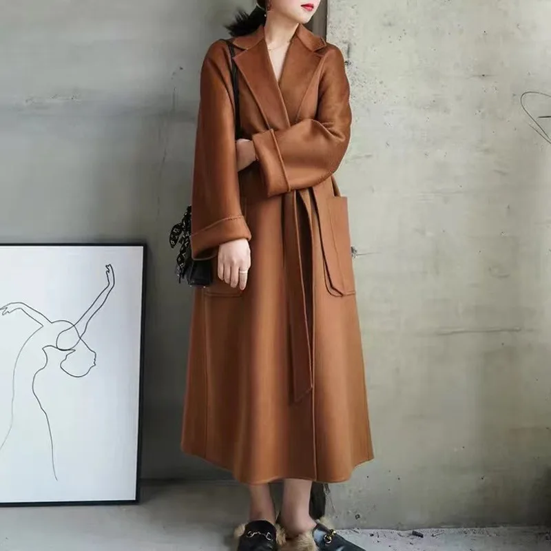 Water Ripple Double-sided Cashmere Wool Coat For Women's Fashion Notched Collar Belted Warm Long Winter Overcoat