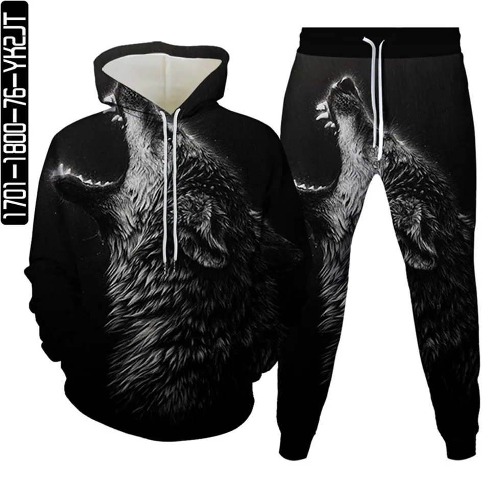 Men Harajuku Style Animal Wolf Print Tracksuit Casual 2 Piece Sets Women Sweatsuit Autumn Female Sporty Outfits Hoodies+Trousers