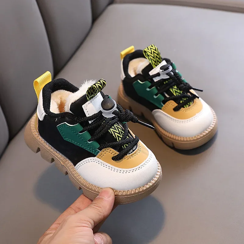 Autumn Winter Boys Sneakers Plush Thicken Kids Casual Shoes Children Patchwork Non-slip Sports Shoes Girls Warm Cotton Shoes