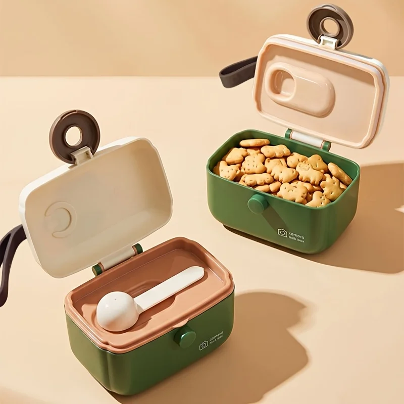 Large-capacity baby milk powder box with multi-layered milk powder compartments, equipped with a spoon detachable storage lid