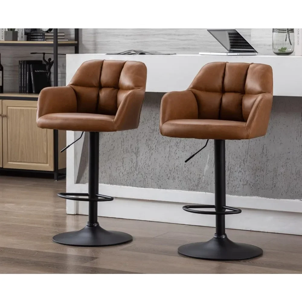 Modern Swivel Bar Stools Set of 2 Leather Counter Height Barstools with Back and Arms Adjustable Bar Stool Chairs