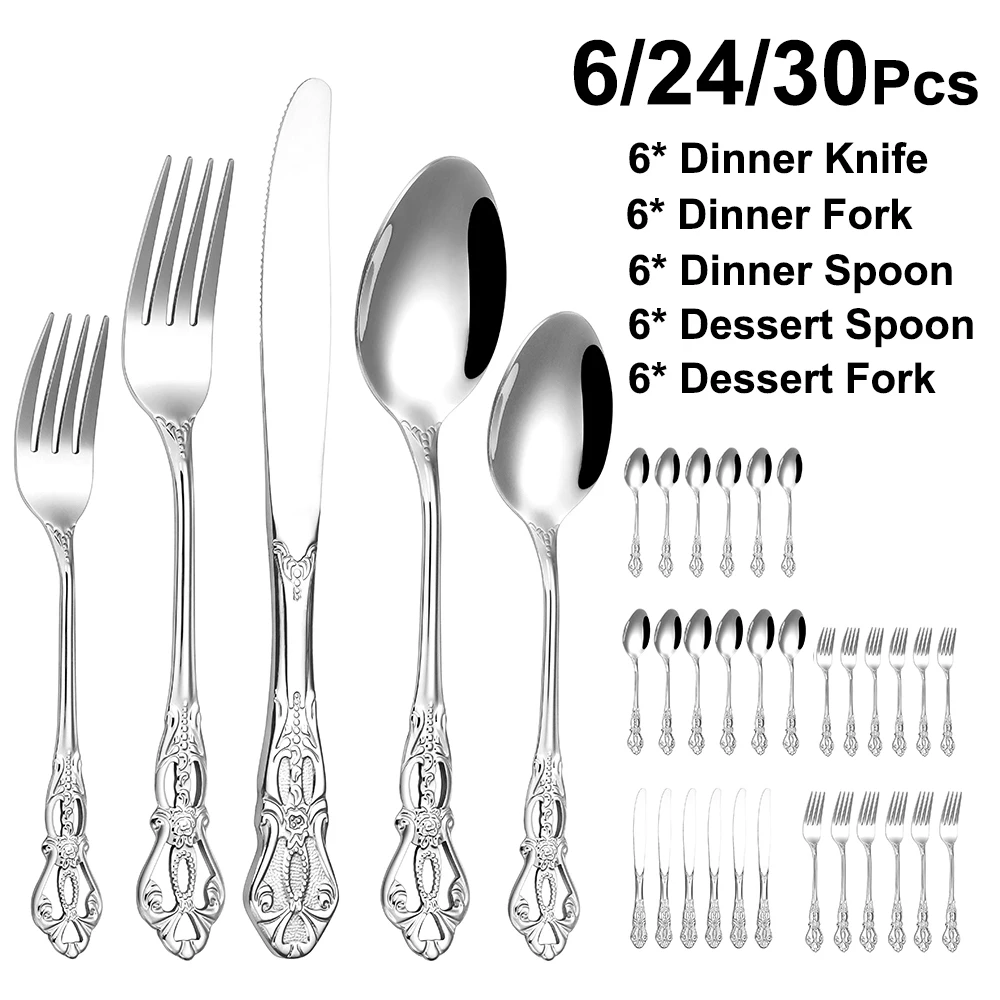 6/24/30 Pieces Sliver Cutlery Set Stainless Steel Tableware Western Luxury Dinner Set Mirror Elegant Knife Fork Spoon Flatware