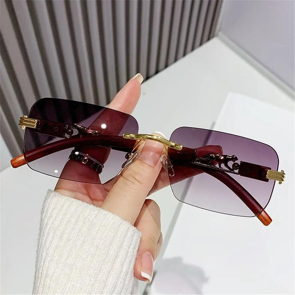 Metal Temples Rimless Cut Edge Sunglasses Unique UV400 Rectangle Sun Glasses Cool Cheetah Design Sunglasses for Women & Men