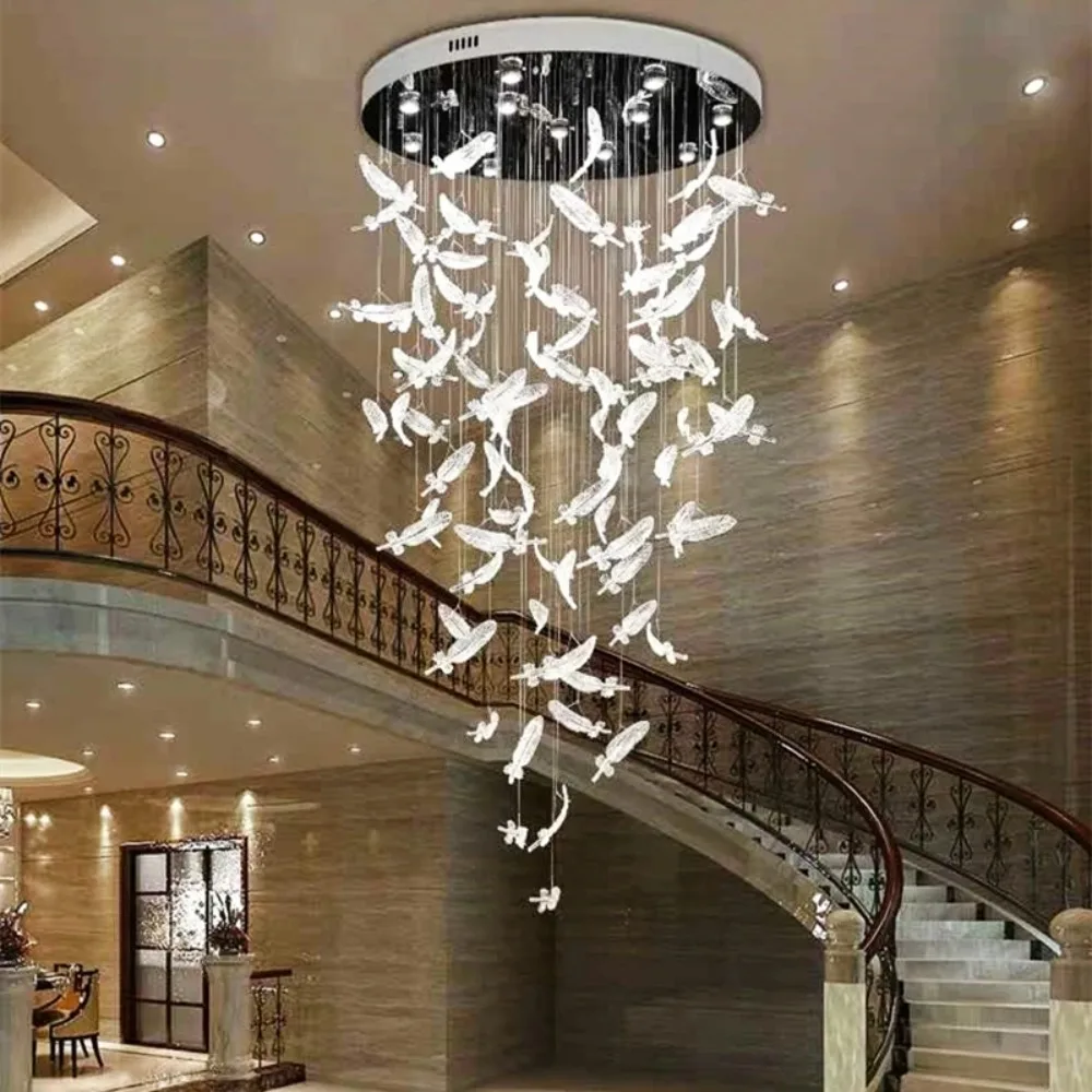 

Amber Clear Crystal Feather Chandelier for Staircase Beauty Salon Reception Room Lobby Stainless Steel Led Ceiling Pendant Lamp