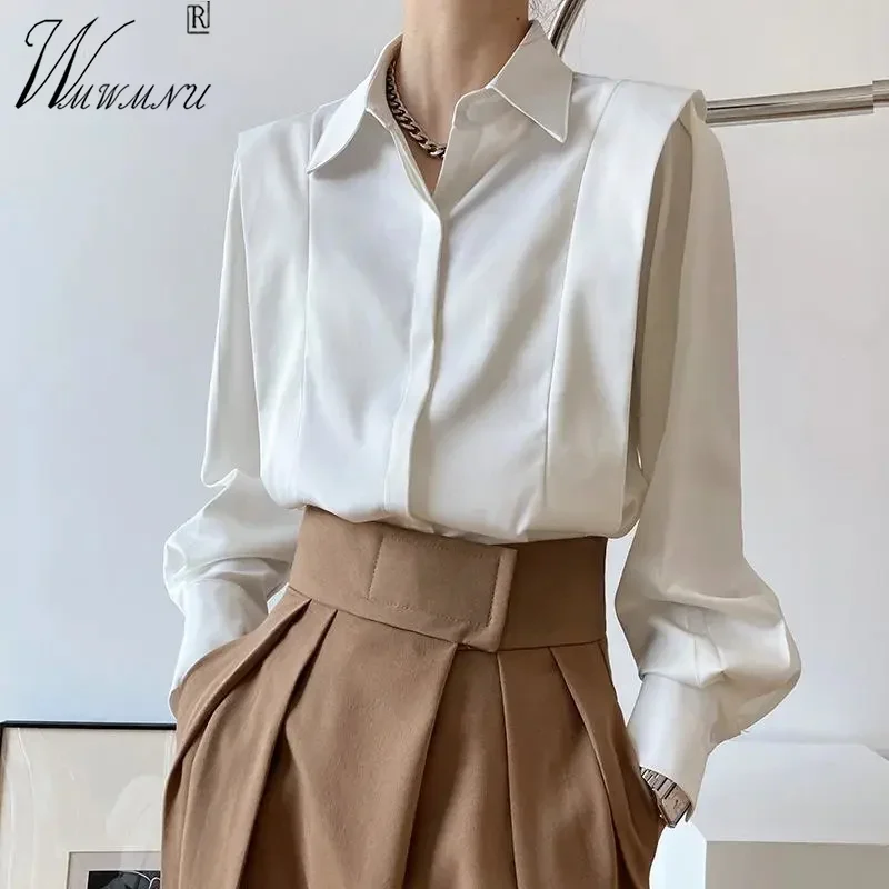 Design Office Ruffles White Shirts Blouses Women Casual Polo Collar Tops Korean Spring Long Sleeve Camisas Streetwear OL Blusas