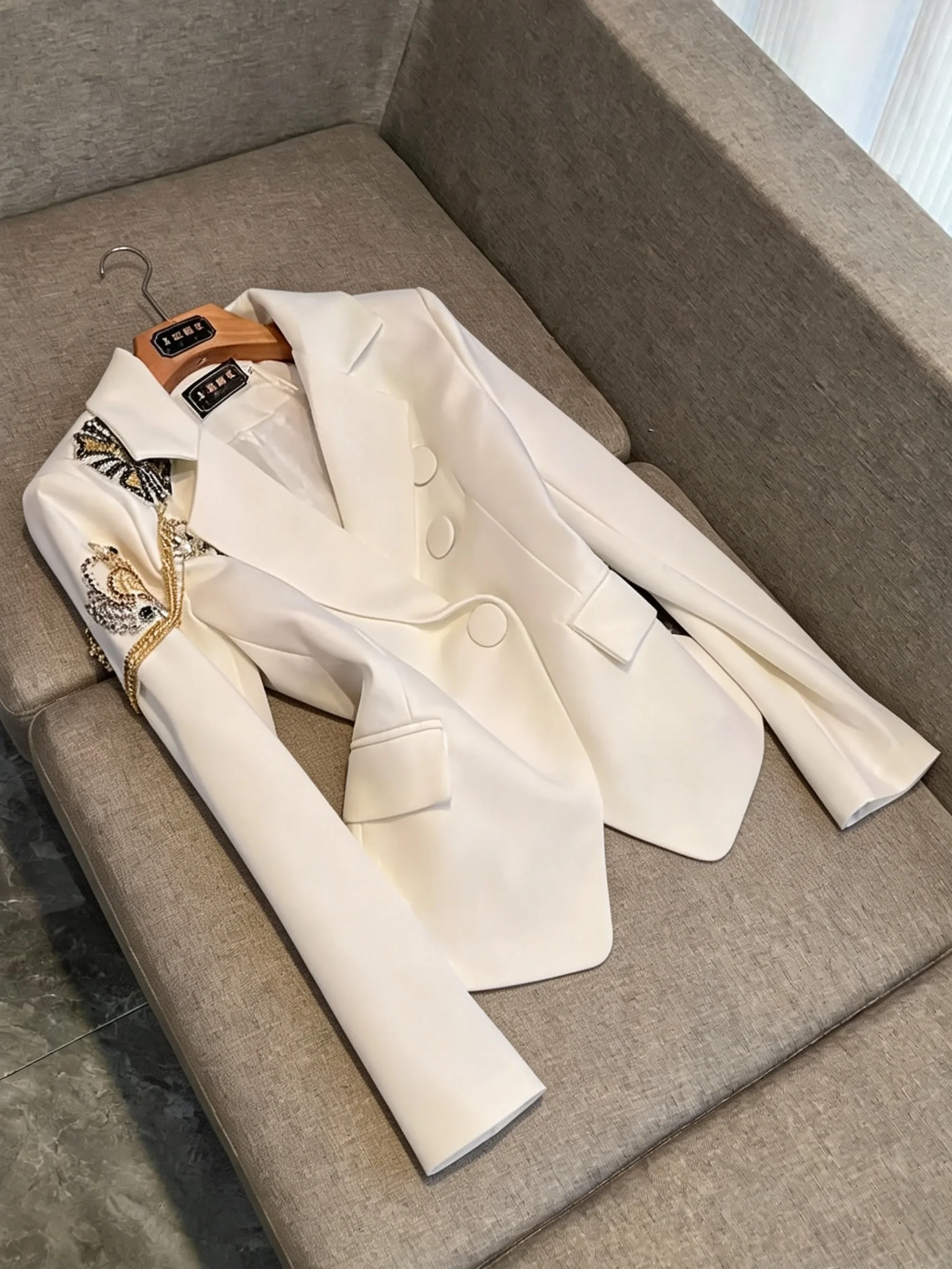 Heavy Embellished Bead Suit Jacket Women's Commute Workplace Double Row Buttoning Elegant Atmosphere Z140 Long Sleeve Regular...