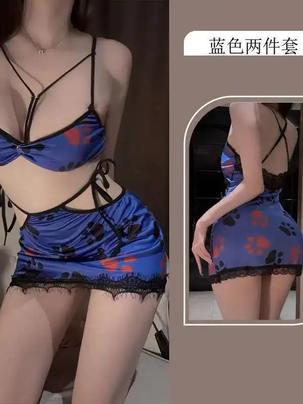 الملابس الداخلية القط مثير مطبوعة كبيرة فاخرة سليم الحليب الحرير المرأة عادية الصدر قطعتين تنورة مجموعة لطيف فتاة الأزرق الحلو مجموعة G482