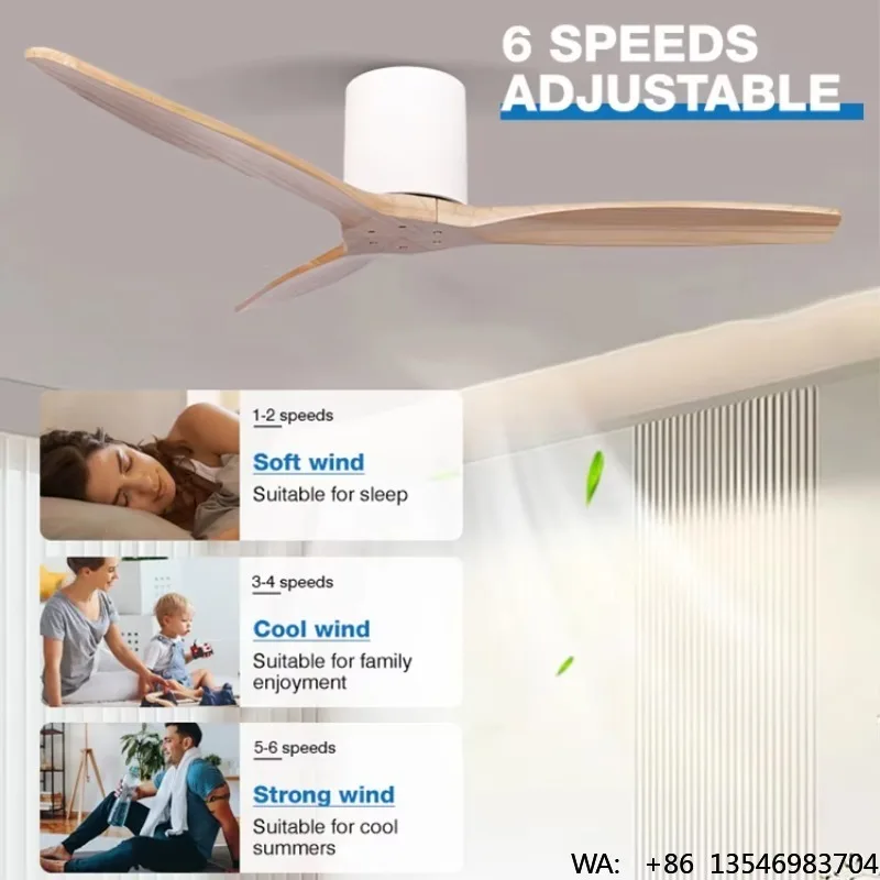 Modern Remote Control 52 Inch 6 Speeds Choice Solid Wood Blade DC Motor Slient Living Room Ceiling Fan
