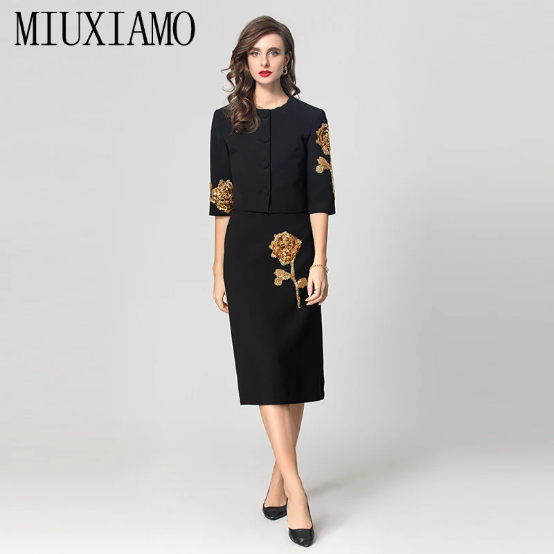 MIUXIMAO 2024 Fall Elegant Set O-Neck Sequin Golden flower Jacket+ Skirt Fashion Two-piece Set Women Vestides