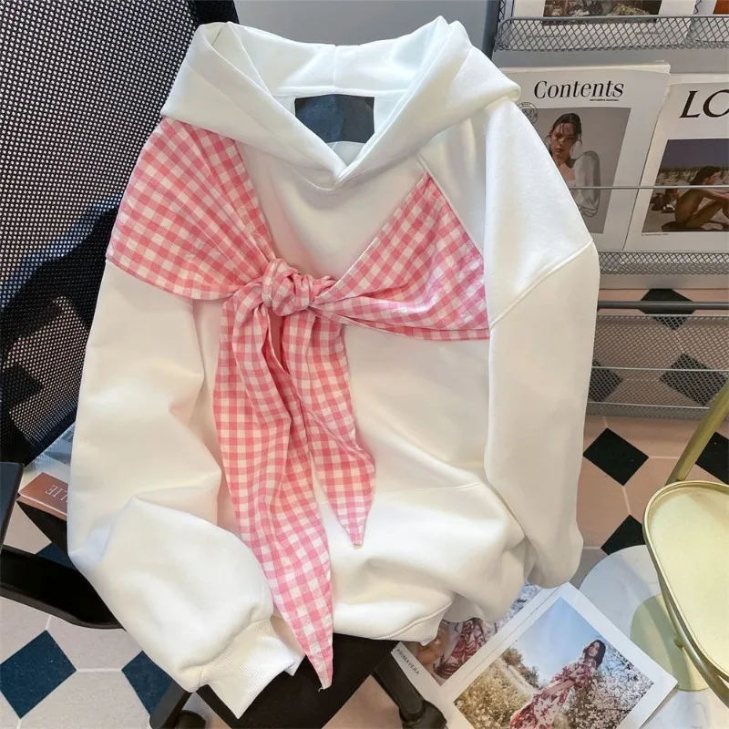 

Exquisite and Versatile Beautiful Bow Tie Plaid Strap Hoodie for Early Autumn High-end and Niche Style Casual Trendy Hooded Top