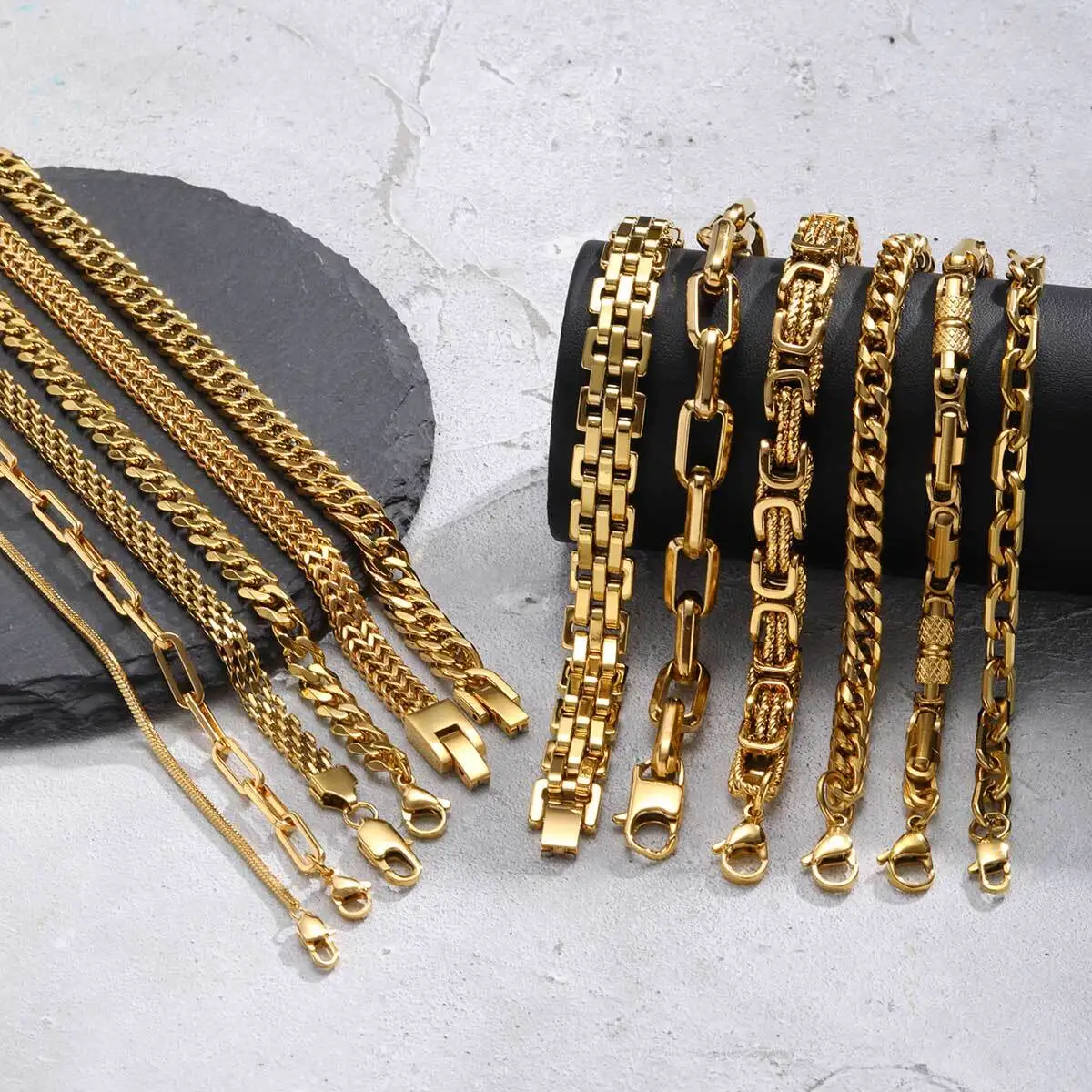 Goldfarbenes Herren-Kettenarmband, Hip-Hop Edelstahl Chunky Chain Armband, Rock Punk Schmuck Geschenk für Vater Sohn BBF Ihn – Detail 2