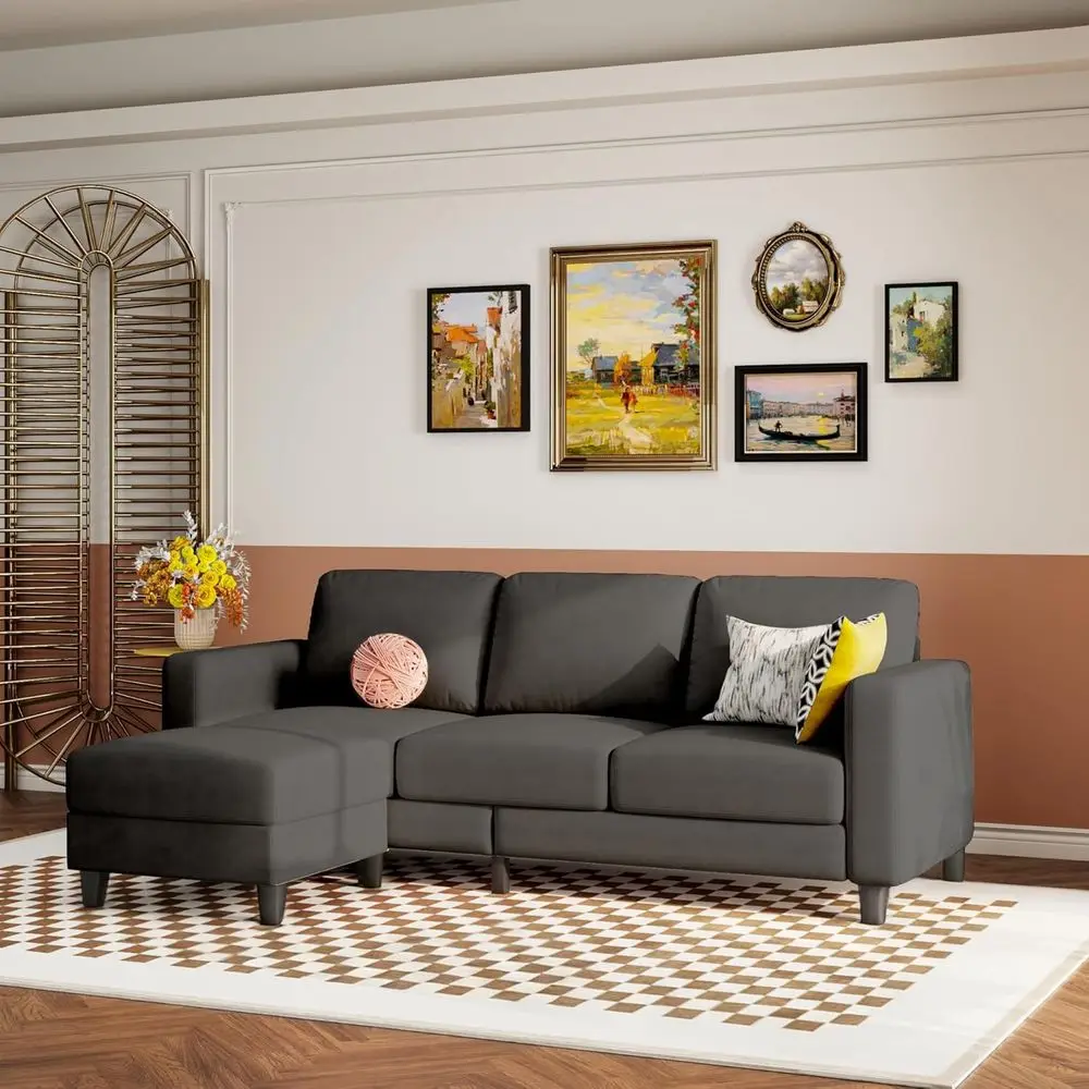 

73 Linen Fabric L-Shaped Sectional Sofa with Reversible Chaise, Solid Oak & Iron Legs, High-Density Foam Cushion, Removable Cove