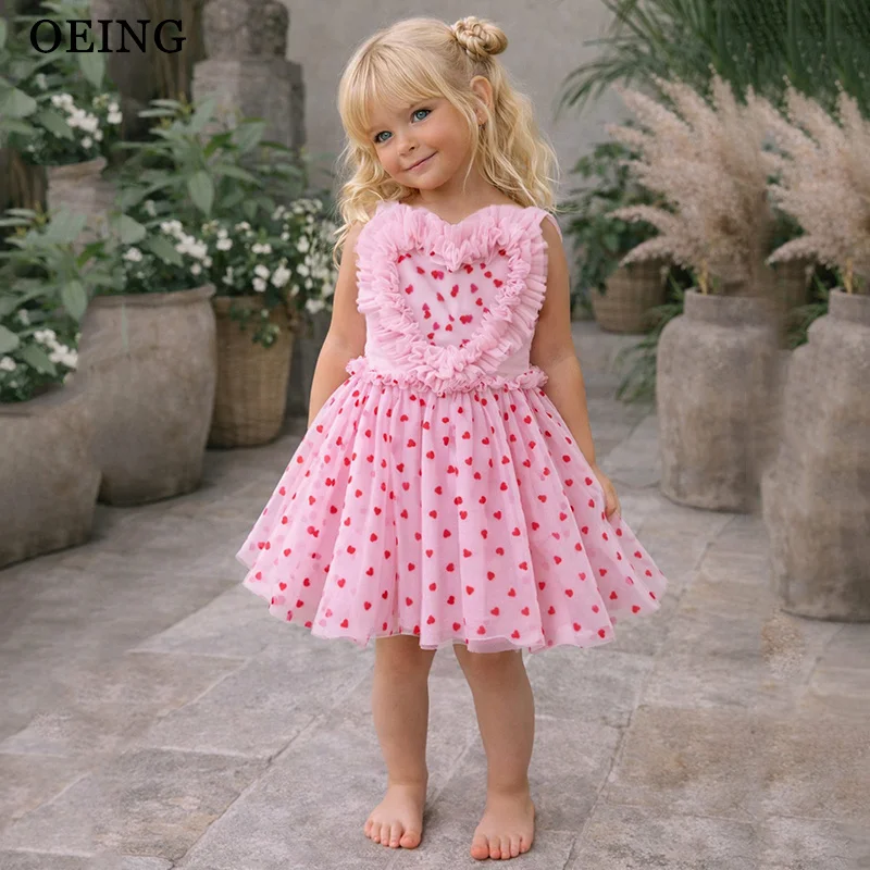 OEING Sweet A-Line Flower Girl Dresses Pink Sweetheart Heart Print Knee Length Birthday Party Dress Princess Dress Customized