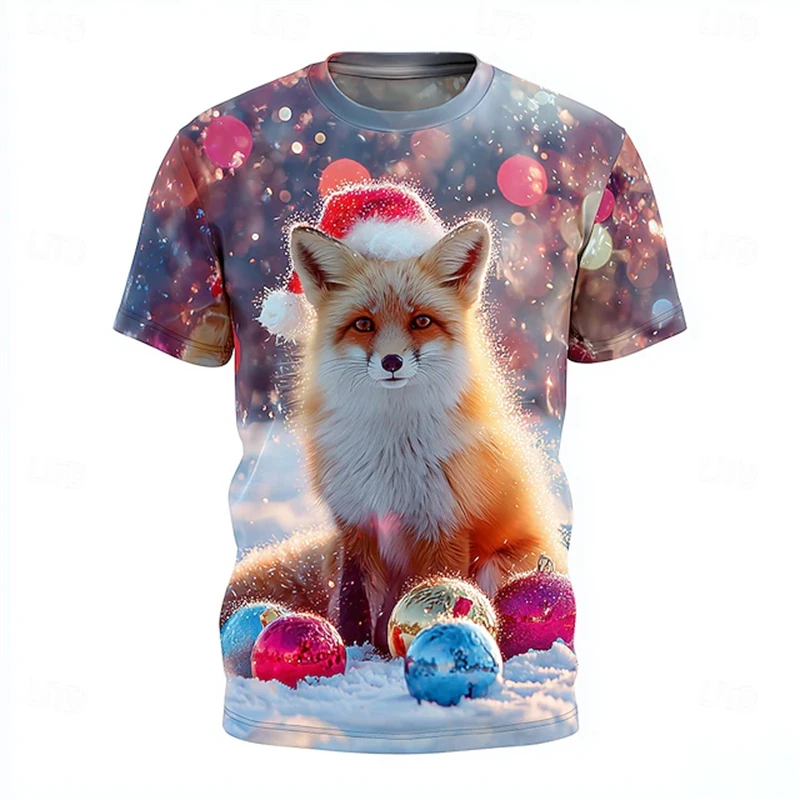 

Новая рождественская мужская футболка с забавным рождественским принтом снежной лисы, футболка унисекс с короткими рукавами, дышащий топ с круглым вырезом и принтом для вечеринок