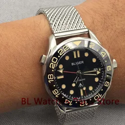 BLIGER 41mm New Mechanical Men Watch Sapphire Glass Japan GMT Movement Mesh Band Rotating Bezel Waterproof Luminous 3oclockDate