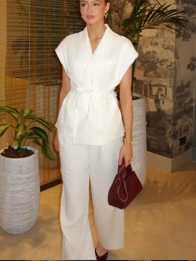 

HH женские модные однотонные брюки, костюм с поясом, дизайн с лацканами, двойной жилет без рукавов + карманы на молнии, прямые плиссированные длинные брюки