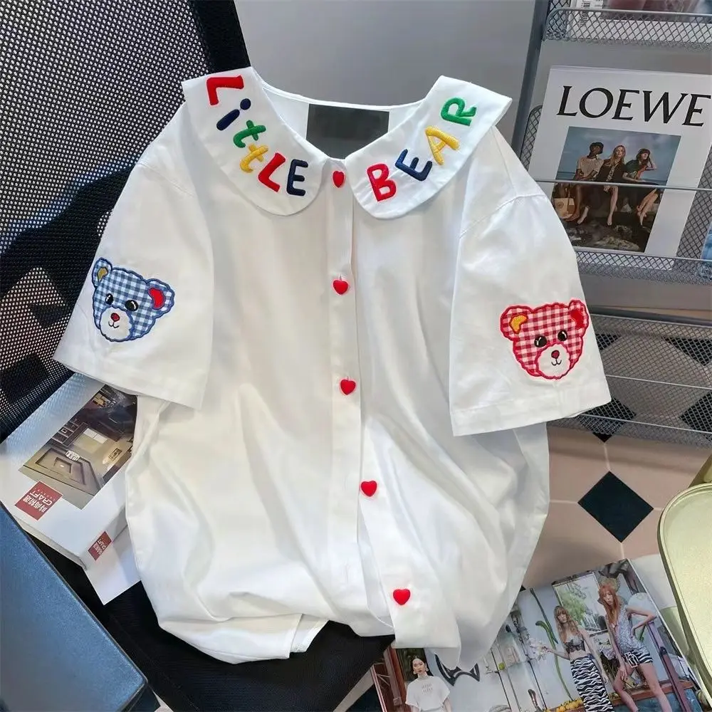 

Summer Women Clothes Korean Fashion Cartoon Turn-down Collar Short Sleeve Blouse Female Lively Cute Buttons Printing Shirts Tops