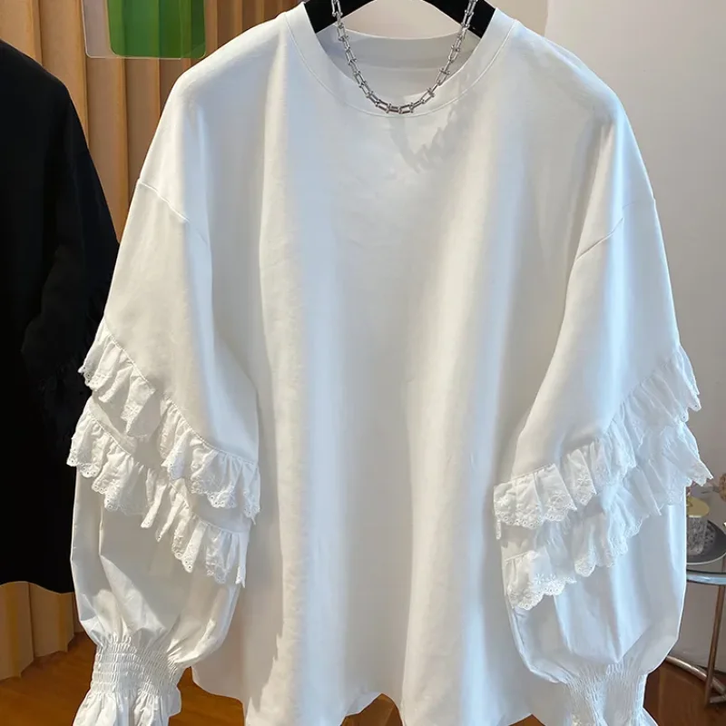 

Кружевная лоскутная футболка с грибком, женская футболка с длинными рукавами, весна-осень, свободный повседневный красивый топ с круглым вырезом