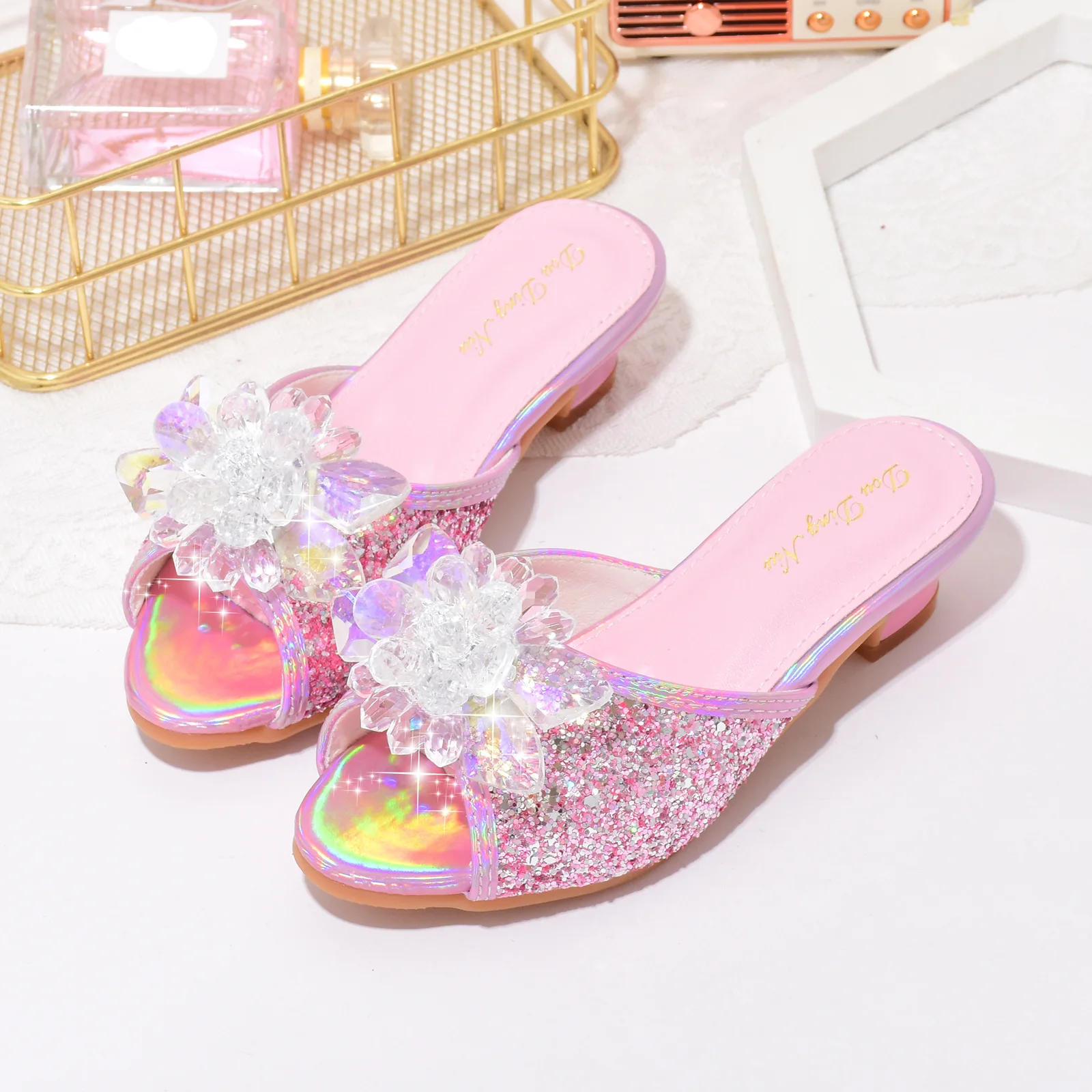 Girls Princess Slippers Wear Non-slip Sequin Children's High Heels Slides Fashion Crystal Flawers Summer Kids Sandals Size 26-37