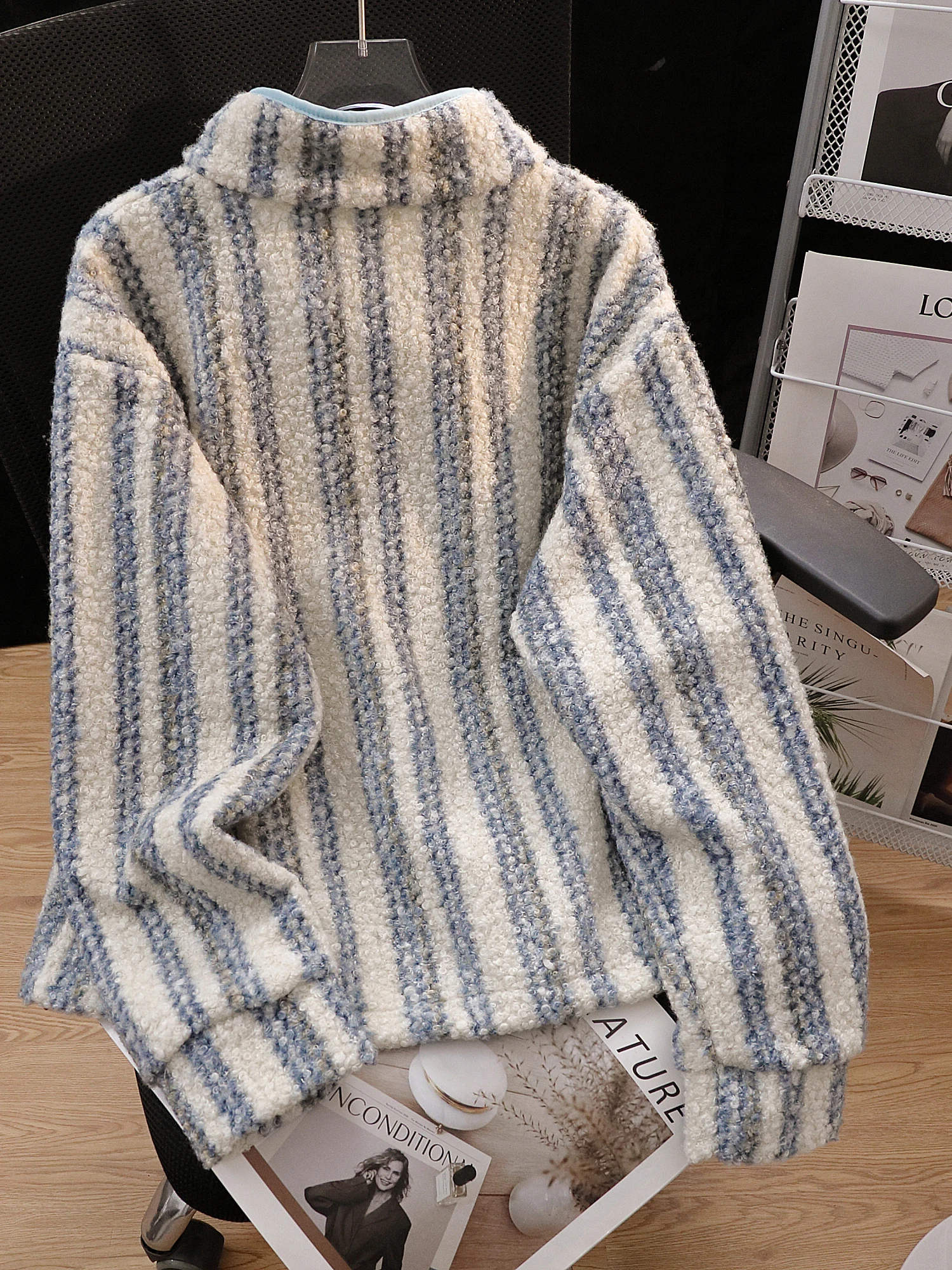 الرجعية مخطط فضفاض طويل Sve Fce اصطف Thiened الوقوف طوق هوديي المرأة كسول Sle العصرية ملابس خارجية الخريف الشتاء