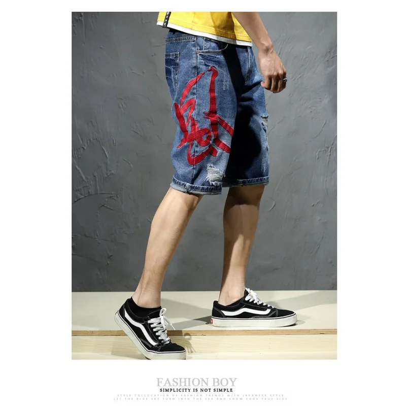 Stitching Embroidery Design Fashion Holes Denim Shorts Men2024New Loose plus Size Summer Cropped Pirate Shorts