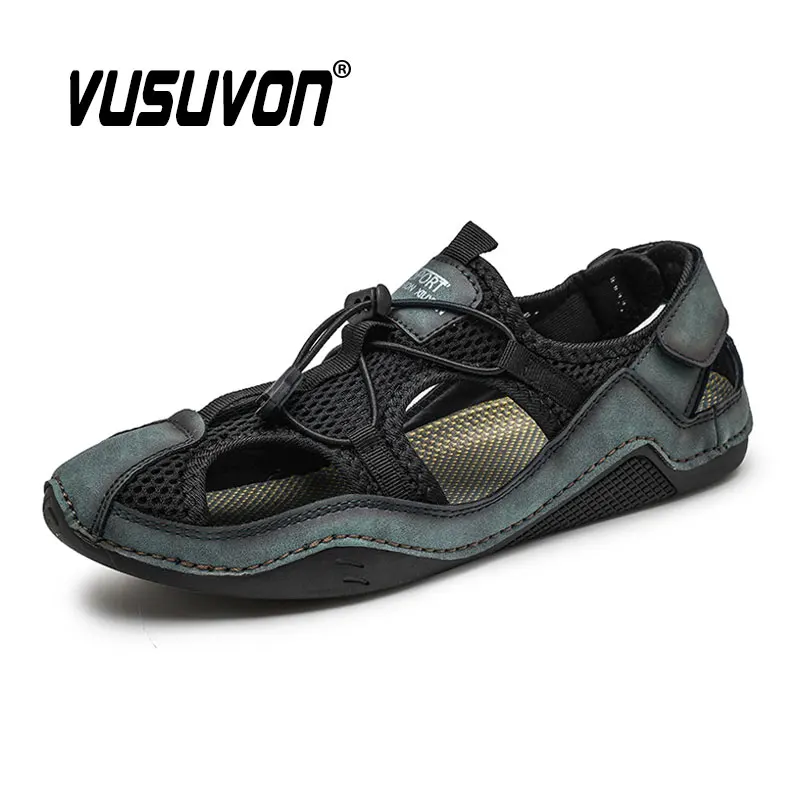 Men's Sandals 2022 Summer Beach Genuine Leather & Mesh Shoes New Casual Flip Flops Slippers for Boys Leisure Fashion Black Flats