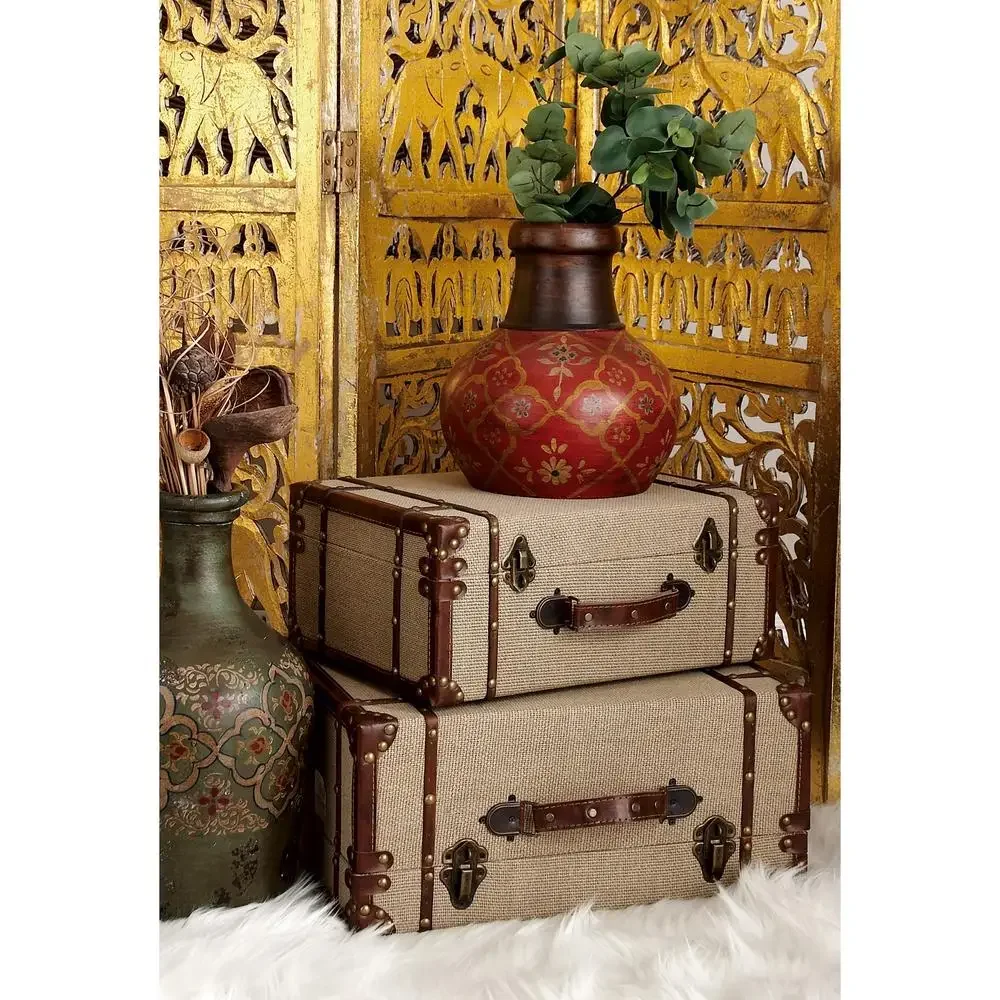 Vintage Beige Wooden Nesting Trunk Set with Brass Hardware Upholstered 2-Piece Decorative Storage Box Antique Style Rectangle