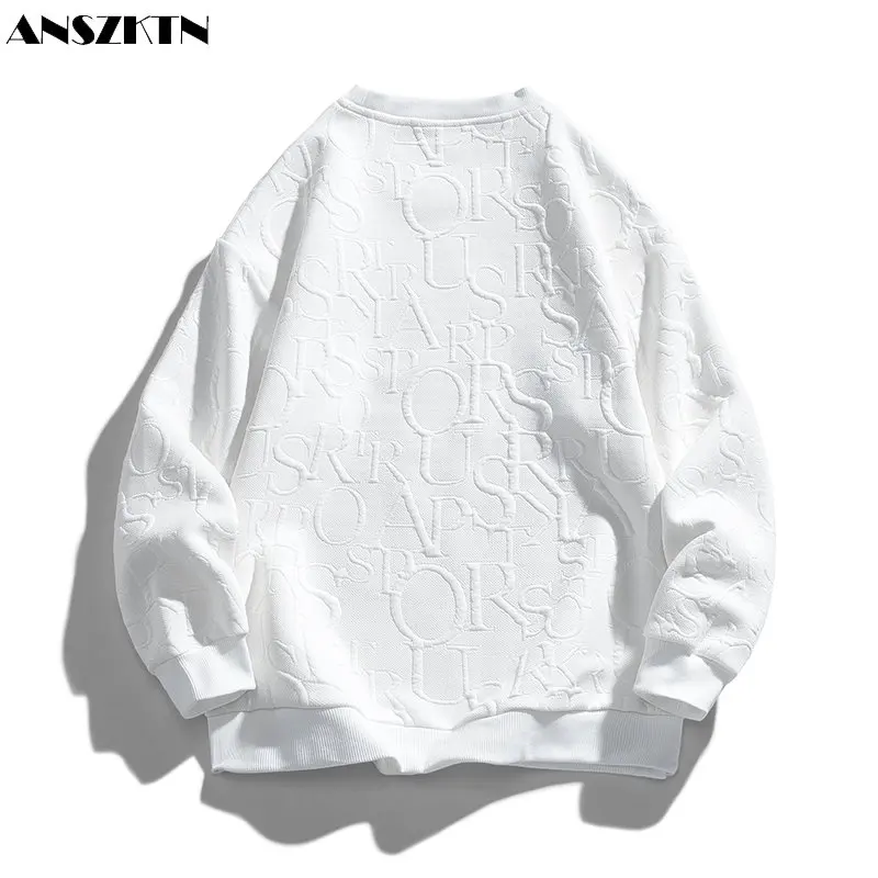 ANSZKTN   Spring and autumn style casual round collar with long sleeve washed leggings jacket jacket trend letter jacquard hoodi