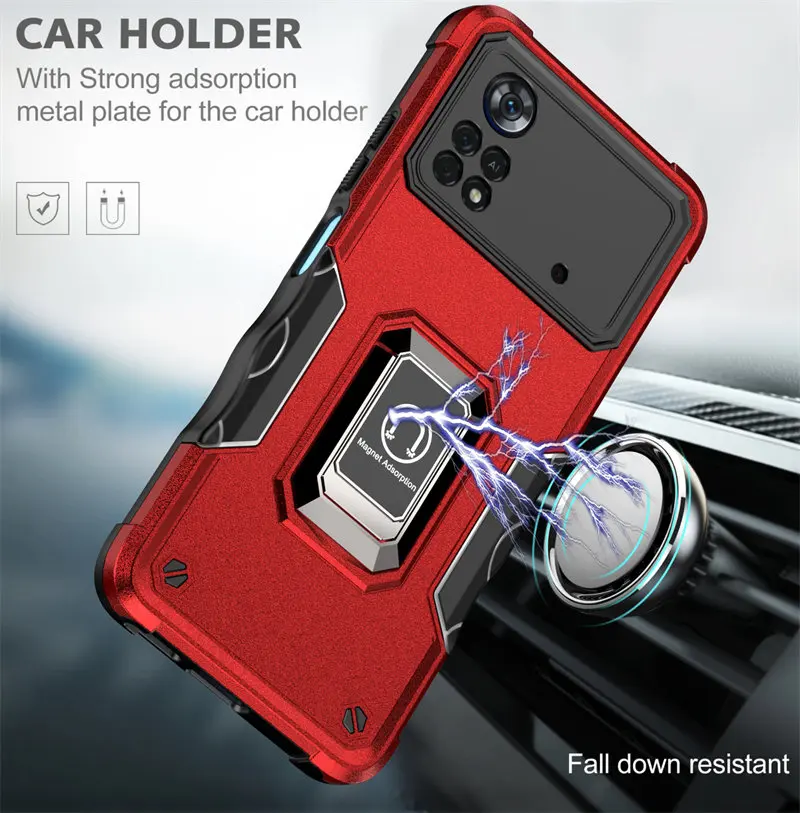 

For Xiaomi Poco M4 Pro 4G Case Shockproof Magnetic Metal Ring Holder Armor Back Cover Hard Case for Xiaomi Poco M4 Pro M4Pro 4G