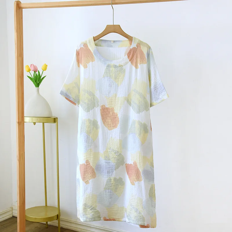 

Elegant Short Sleeve Night Dress Women Loose O Neck Sleepwear 2023 Summer Cotton Oil Painting Woman Dresses Casual Pajamas