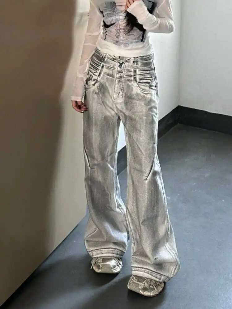 Women's Oversize Baggy Jeans Vintage Harajuku Tie-Dyed Denim Trousers Y2k Wide Cowboy Pants Trashy Japanese 2000s Style Clothes