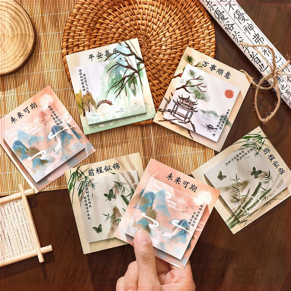 24 Pcs Wholesale Ancient Style Landscape Memo Pads, Chinese Style Poetry, High Aesthetic Value, Note Taking, Message