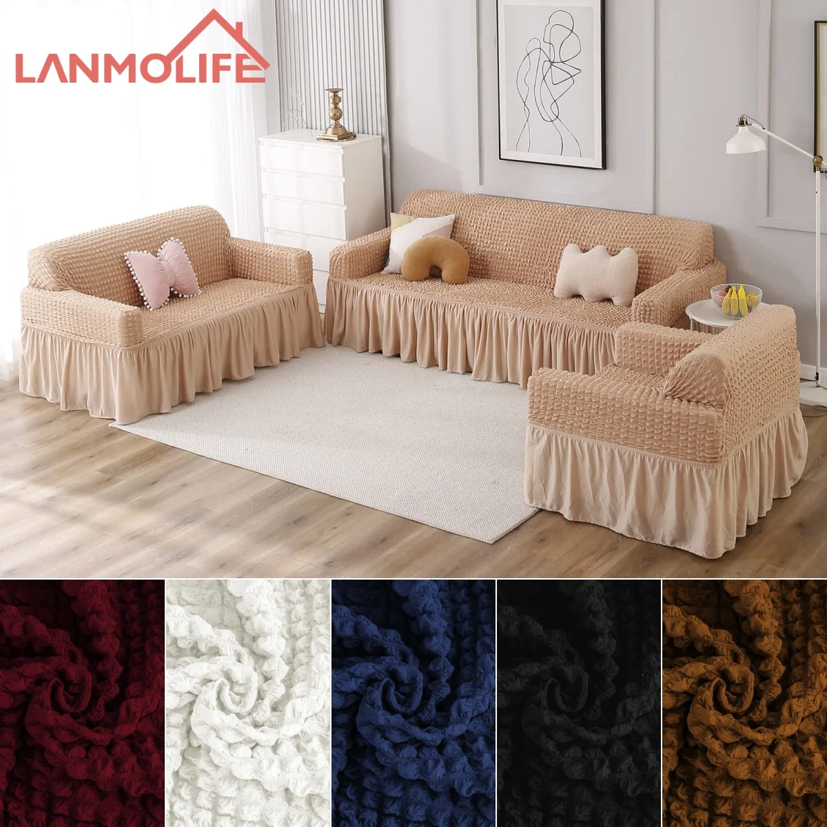 

Romantic Seersucker Elastic Sofa Cover Adjustable High Stretch Slipcover Furniture Protector For Living Room Bedroom Home Decor